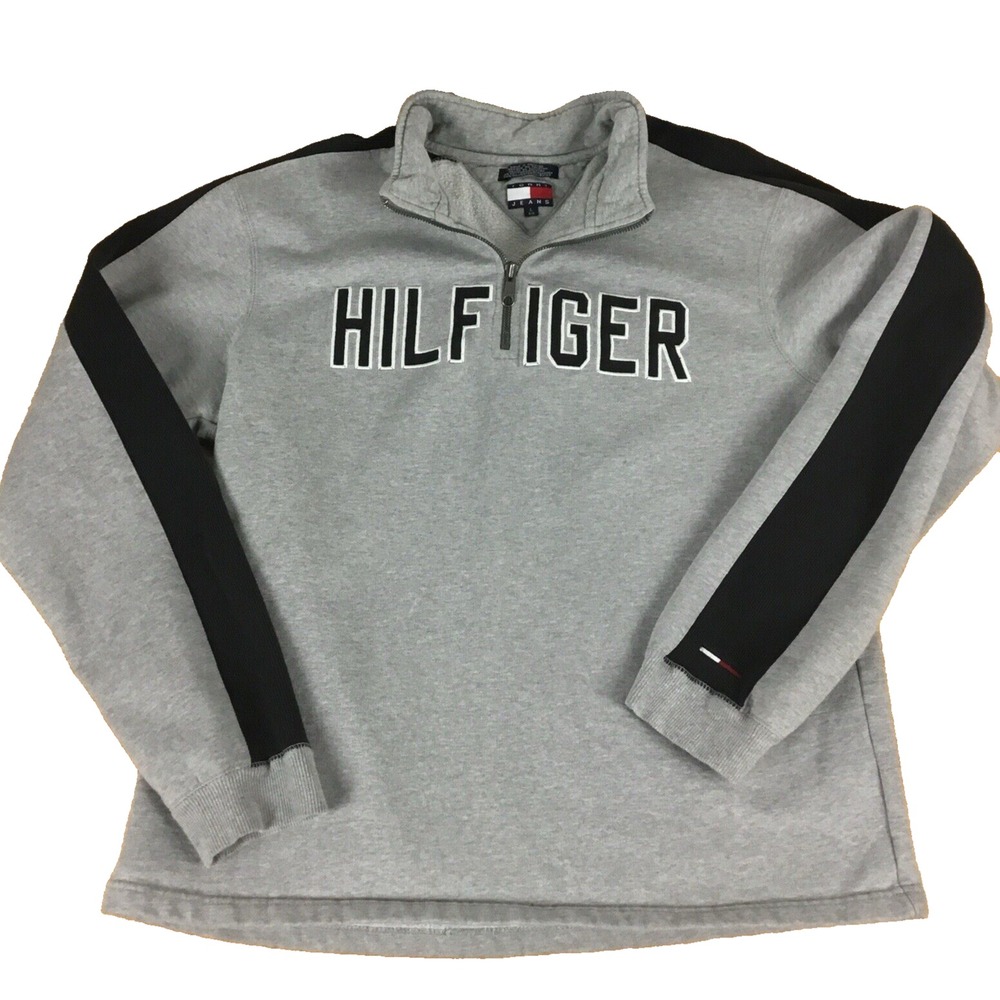 Tommy Hilfiger Jeans Mens Large Gray‎ 1/4 Zip Pullover Sweatshirt Spellout Logo